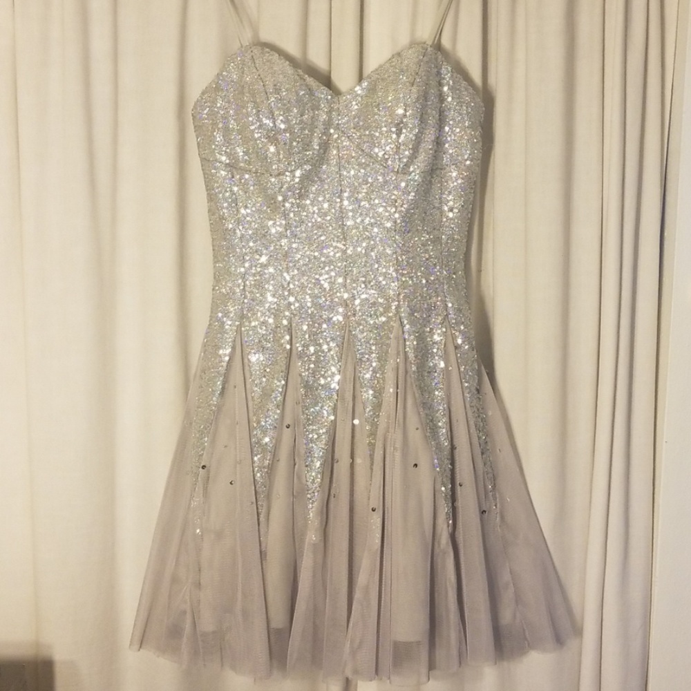 Silver sequin short strapless prom dress